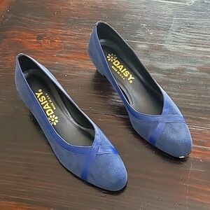 Elegant Daisy Blue Suede Heels, Size 9.5, 1.5 Inches